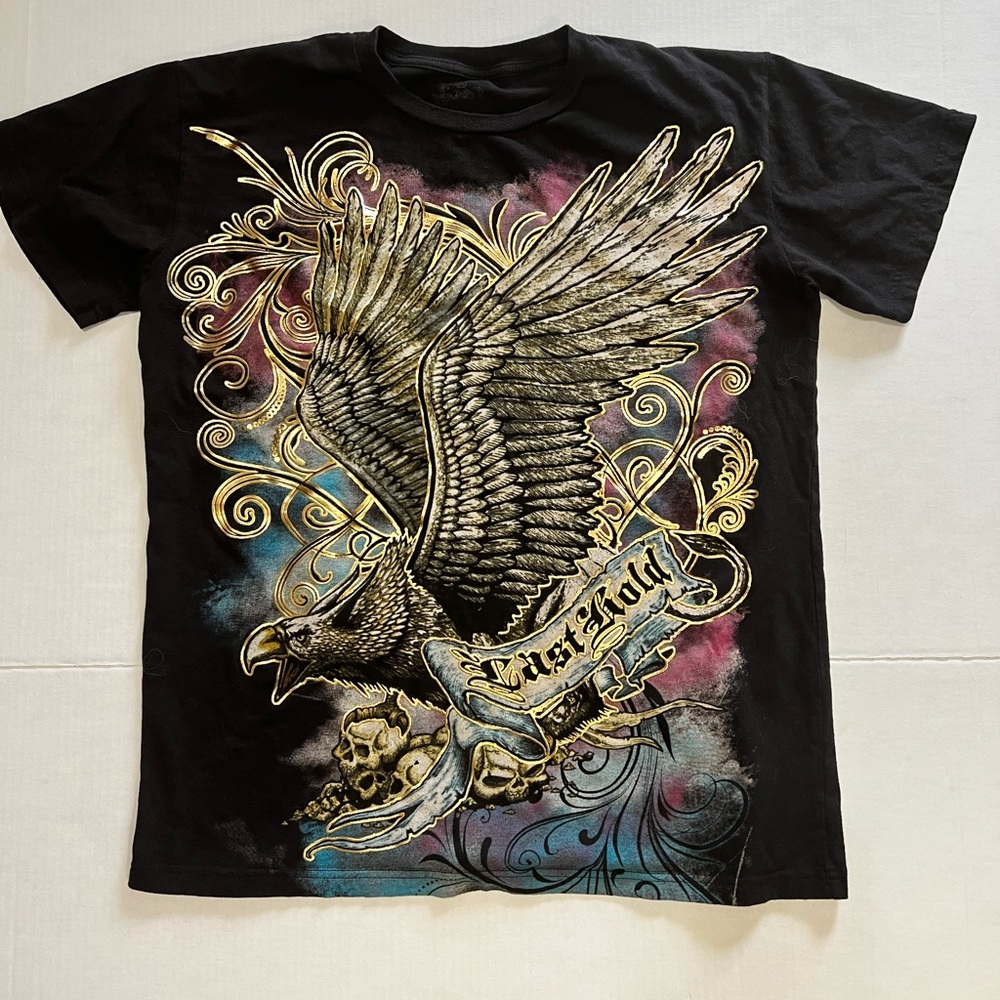 Last Hold Y2K style Tshirt Mens Size Large Black Graphic Eagle Gold Grunge Goth